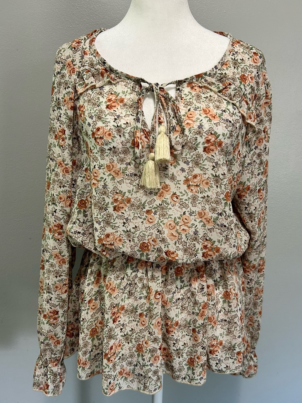 Long-Sleeve Fall Floral Peasant Blouse Top Cream and Rust